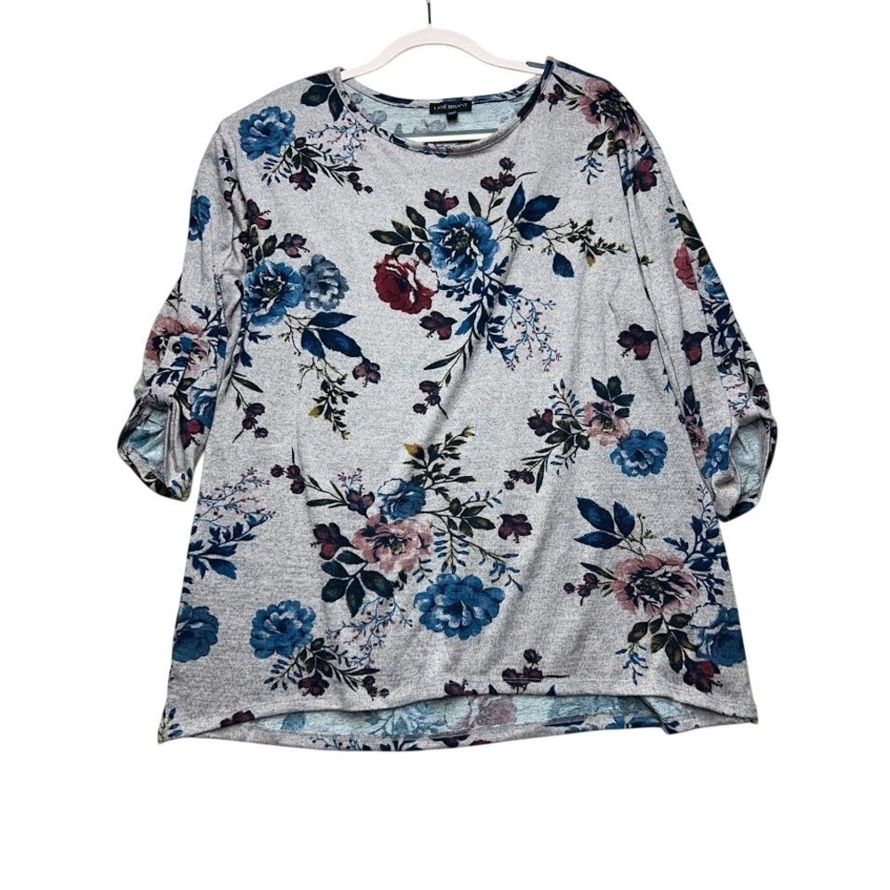 Lane Bryant Floral Roll Tab Sleeve Knit Top Grey Blue Pink Plus Size 18/20